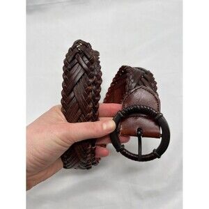 Brown Leather Woven Belt with Circular Metal Buckle